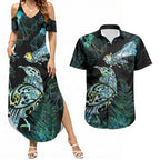 Aotearoa Maori Mahuru Couples Matching Summer Maxi Dress and Hawaiian Shirt Spring Time - Paua Shell Green