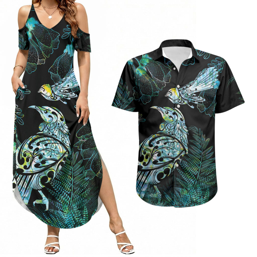 Aotearoa Maori Mahuru Couples Matching Summer Maxi Dress and Hawaiian Shirt Spring Time - Paua Shell Green