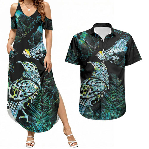 Aotearoa Maori Mahuru Couples Matching Summer Maxi Dress and Hawaiian Shirt Spring Time - Paua Shell Green