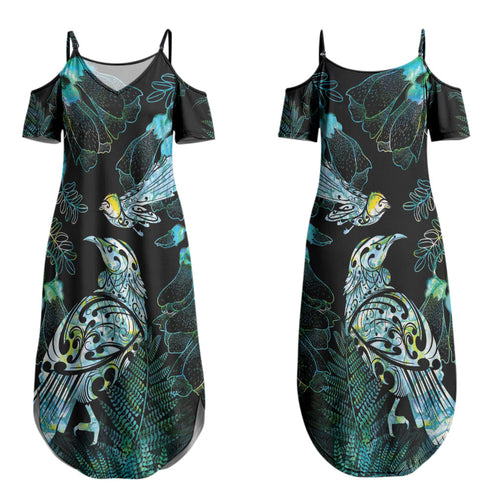 Aotearoa Maori Mahuru Couples Matching Summer Maxi Dress and Hawaiian Shirt Spring Time - Paua Shell Green