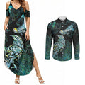Aotearoa Maori Mahuru Couples Matching Summer Maxi Dress and Long Sleeve Button Shirt Spring Time - Paua Shell Green