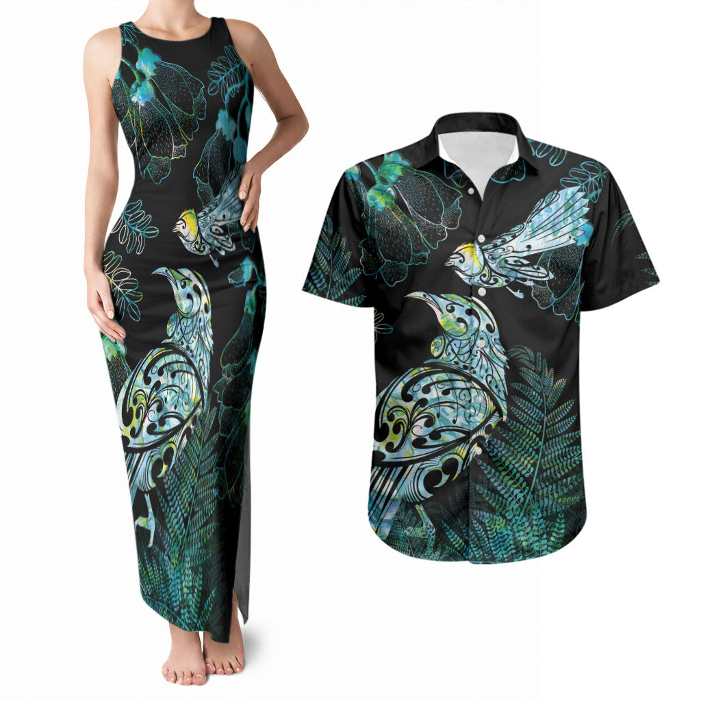 Aotearoa Maori Mahuru Couples Matching Tank Maxi Dress and Hawaiian Shirt Spring Time - Paua Shell Green