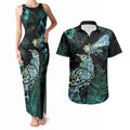 Aotearoa Maori Mahuru Couples Matching Tank Maxi Dress and Hawaiian Shirt Spring Time - Paua Shell Green