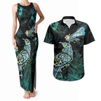 Aotearoa Maori Mahuru Couples Matching Tank Maxi Dress and Hawaiian Shirt Spring Time - Paua Shell Green