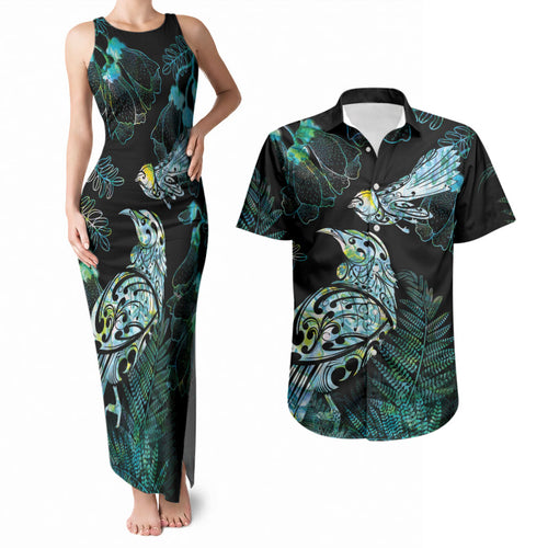 Aotearoa Maori Mahuru Couples Matching Tank Maxi Dress and Hawaiian Shirt Spring Time - Paua Shell Green