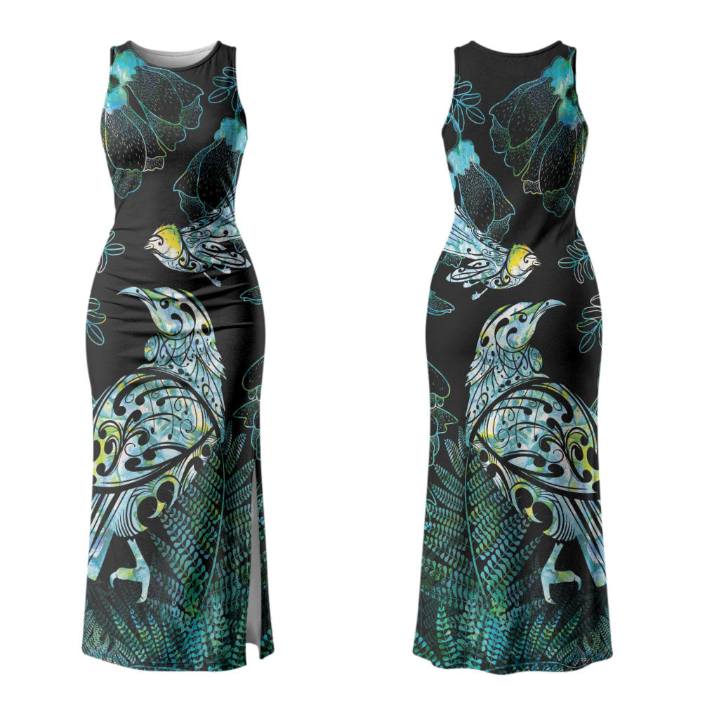 Aotearoa Maori Mahuru Couples Matching Tank Maxi Dress and Hawaiian Shirt Spring Time - Paua Shell Green