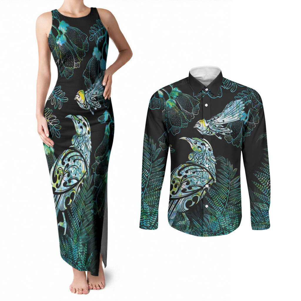 Aotearoa Maori Mahuru Couples Matching Tank Maxi Dress and Long Sleeve Button Shirt Spring Time - Paua Shell Green