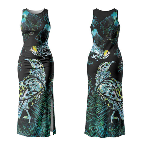 Aotearoa Maori Mahuru Couples Matching Tank Maxi Dress and Long Sleeve Button Shirt Spring Time - Paua Shell Green