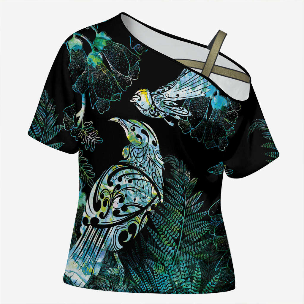Aotearoa Maori Mahuru Cross Shoulder Shirt Spring Time - Paua Shell Green