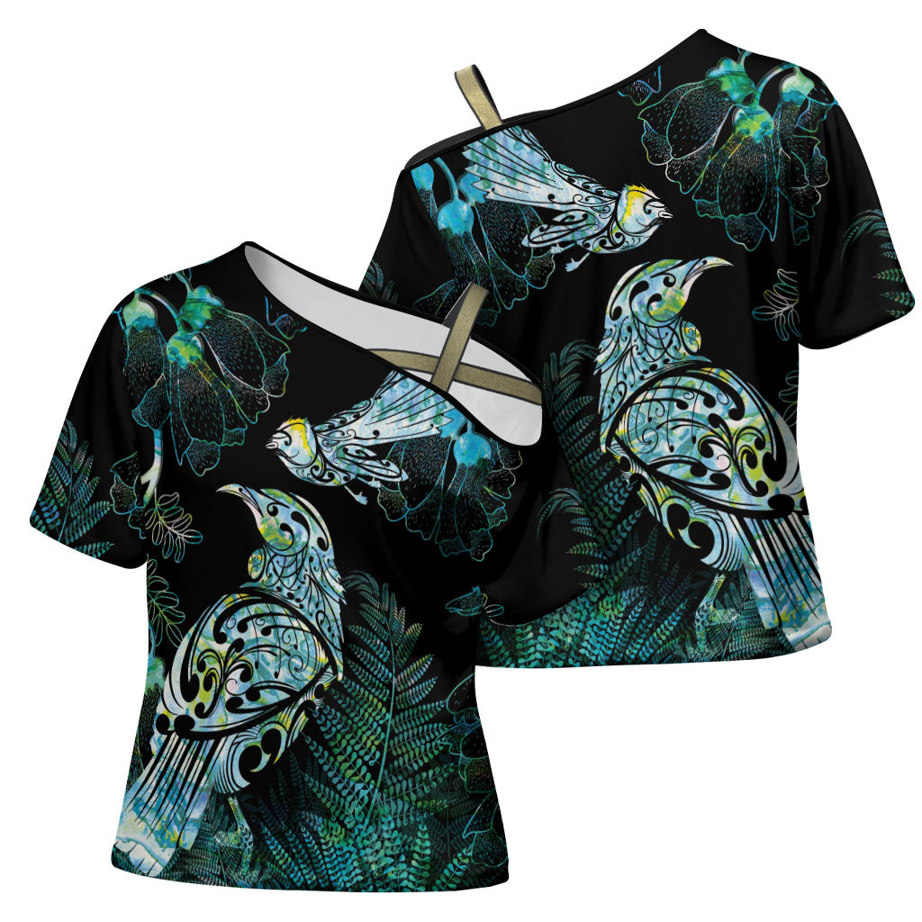 Aotearoa Maori Mahuru Cross Shoulder Shirt Spring Time - Paua Shell Green