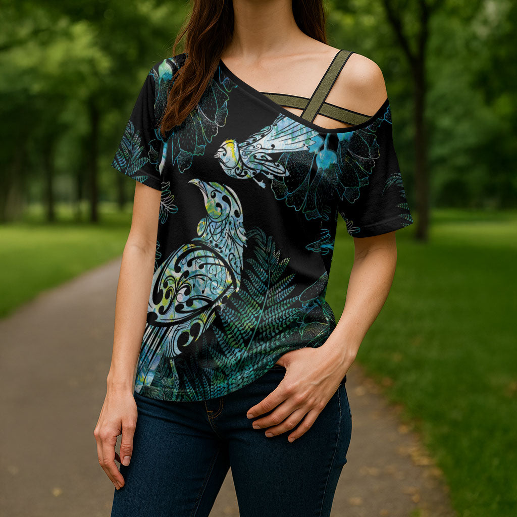 Aotearoa Maori Mahuru Cross Shoulder Shirt Spring Time - Paua Shell Green