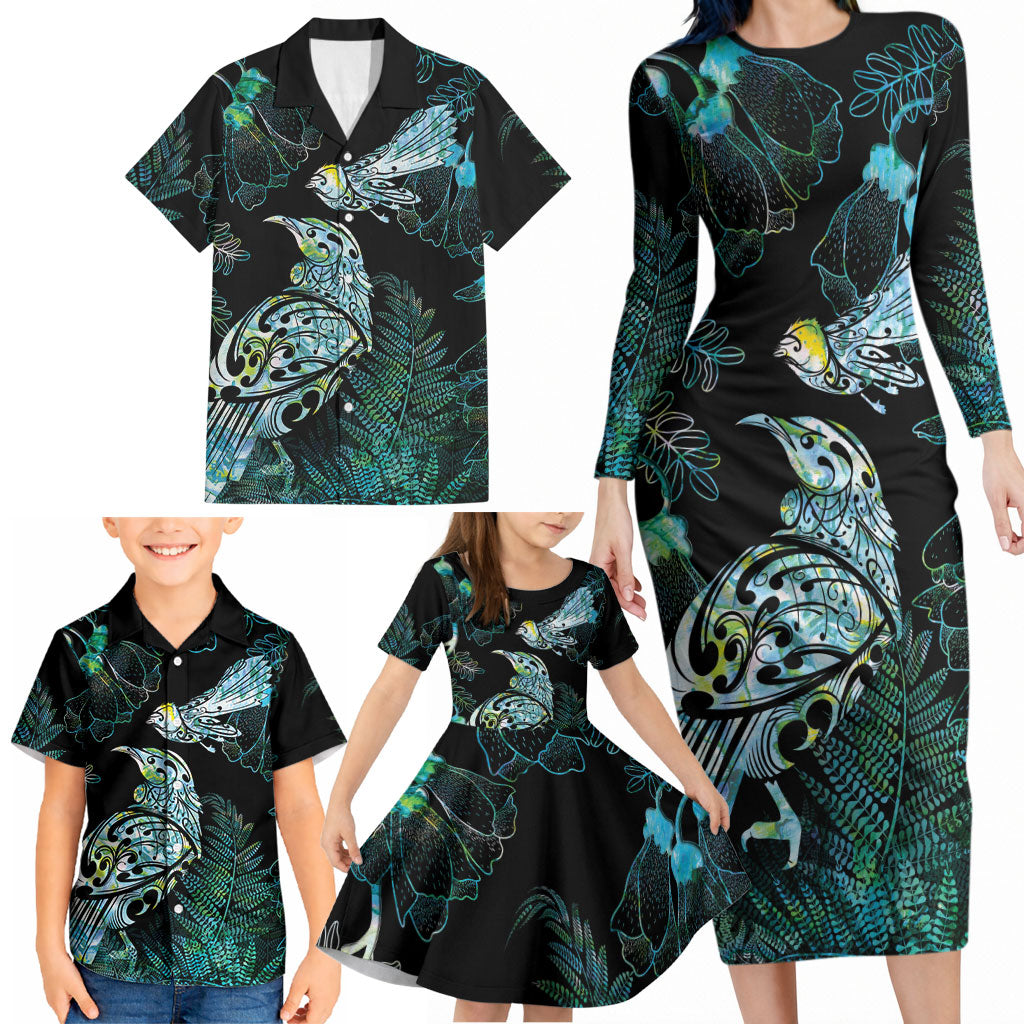 Aotearoa Maori Mahuru Family Matching Long Sleeve Bodycon Dress and Hawaiian Shirt Spring Time - Paua Shell Green