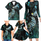 Aotearoa Maori Mahuru Family Matching Long Sleeve Bodycon Dress and Hawaiian Shirt Spring Time - Paua Shell Green