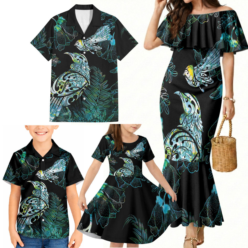 Aotearoa Maori Mahuru Family Matching Mermaid Dress and Hawaiian Shirt Spring Time - Paua Shell Green