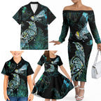 Aotearoa Maori Mahuru Family Matching Off The Shoulder Long Sleeve Dress and Hawaiian Shirt Spring Time - Paua Shell Green