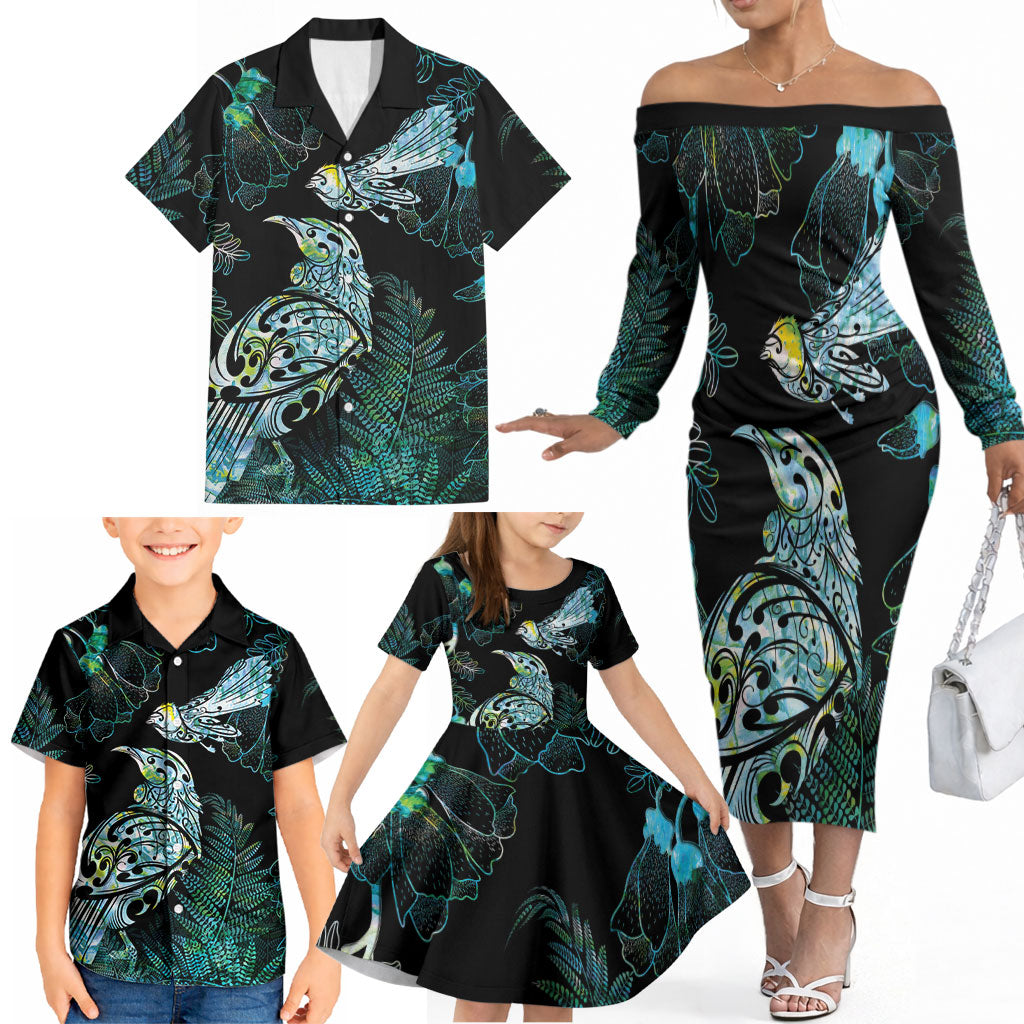 Aotearoa Maori Mahuru Family Matching Off The Shoulder Long Sleeve Dress and Hawaiian Shirt Spring Time - Paua Shell Green