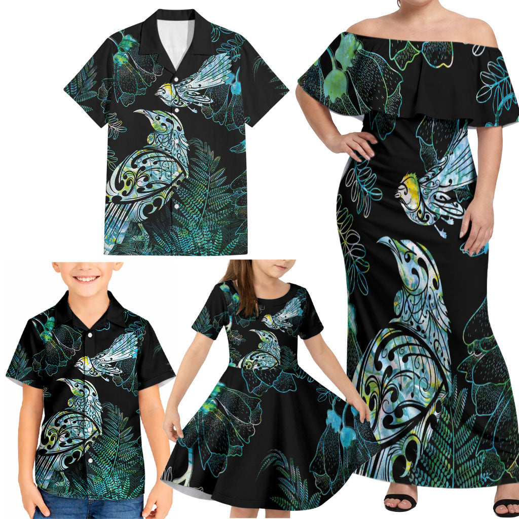 Aotearoa Maori Mahuru Family Matching Off Shoulder Maxi Dress and Hawaiian Shirt Spring Time - Paua Shell Green
