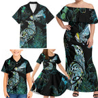 Aotearoa Maori Mahuru Family Matching Off Shoulder Maxi Dress and Hawaiian Shirt Spring Time - Paua Shell Green
