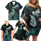 Aotearoa Maori Mahuru Family Matching Off Shoulder Short Dress and Hawaiian Shirt Spring Time - Paua Shell Green