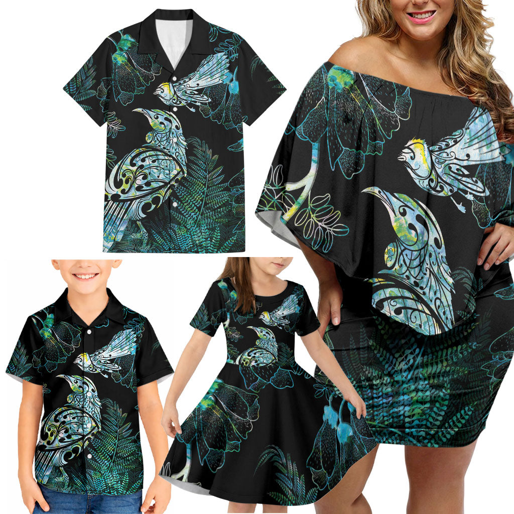 Aotearoa Maori Mahuru Family Matching Off Shoulder Short Dress and Hawaiian Shirt Spring Time - Paua Shell Green