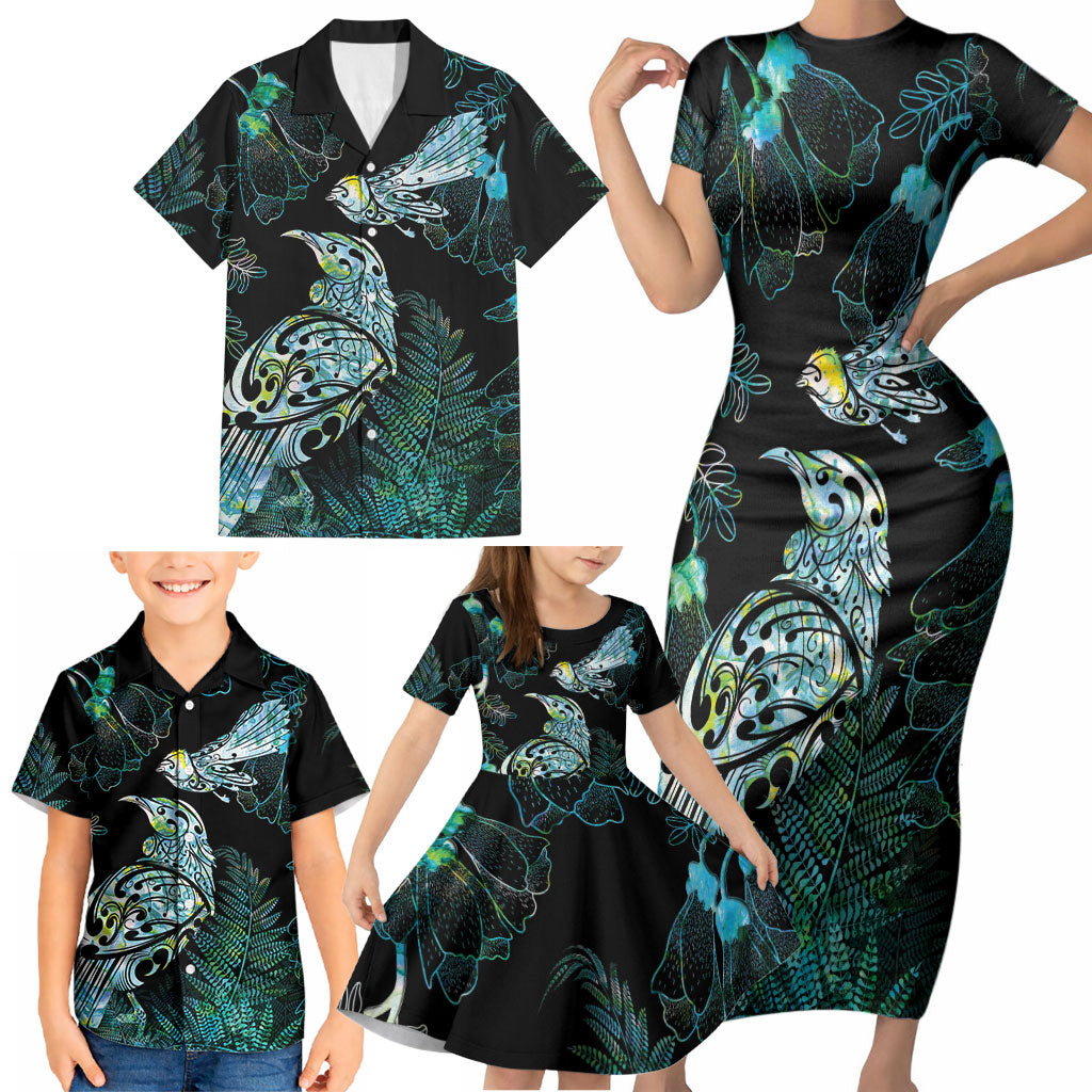 Aotearoa Maori Mahuru Family Matching Short Sleeve Bodycon Dress and Hawaiian Shirt Spring Time - Paua Shell Green