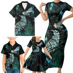 Aotearoa Maori Mahuru Family Matching Short Sleeve Bodycon Dress and Hawaiian Shirt Spring Time - Paua Shell Green