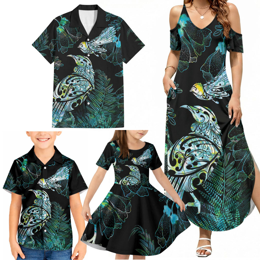 Aotearoa Maori Mahuru Family Matching Summer Maxi Dress and Hawaiian Shirt Spring Time - Paua Shell Green