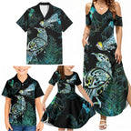 Aotearoa Maori Mahuru Family Matching Summer Maxi Dress and Hawaiian Shirt Spring Time - Paua Shell Green
