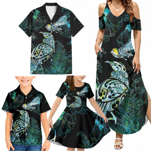 Aotearoa Maori Mahuru Family Matching Summer Maxi Dress and Hawaiian Shirt Spring Time - Paua Shell Green