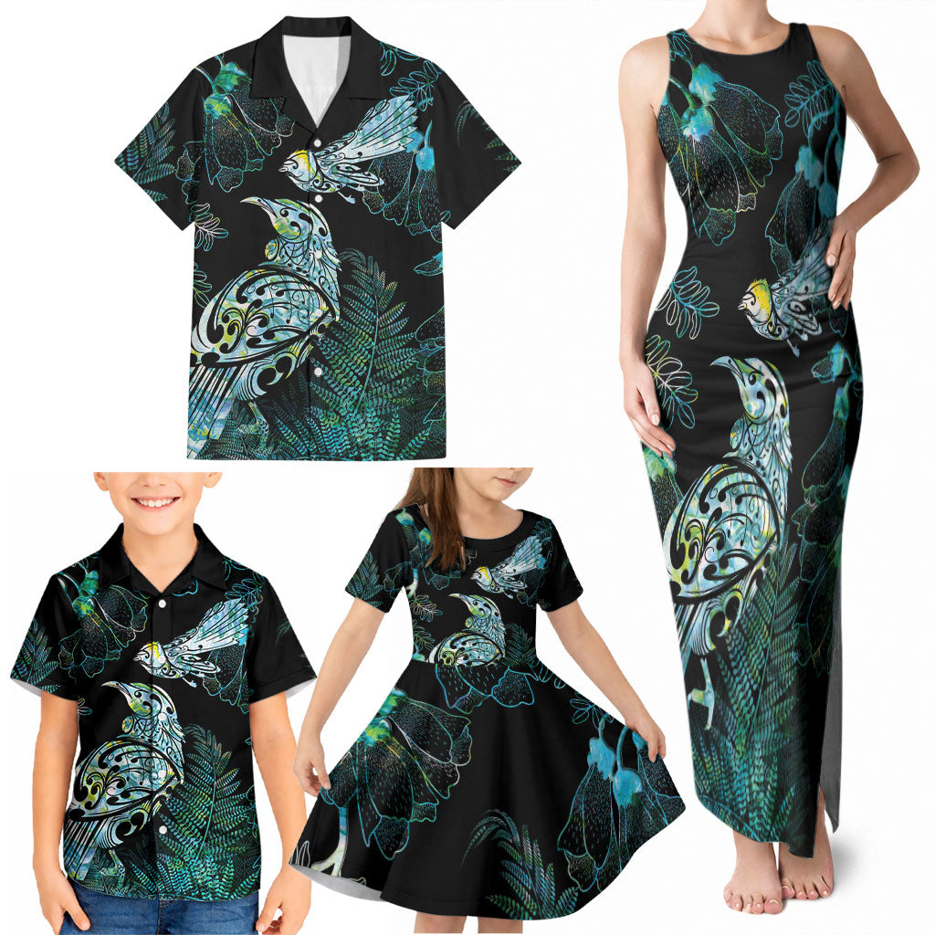 Aotearoa Maori Mahuru Family Matching Tank Maxi Dress and Hawaiian Shirt Spring Time - Paua Shell Green