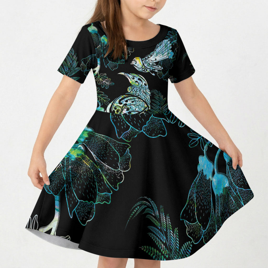 Aotearoa Maori Mahuru Kid Short Sleeve Dress Spring Time - Paua Shell Green