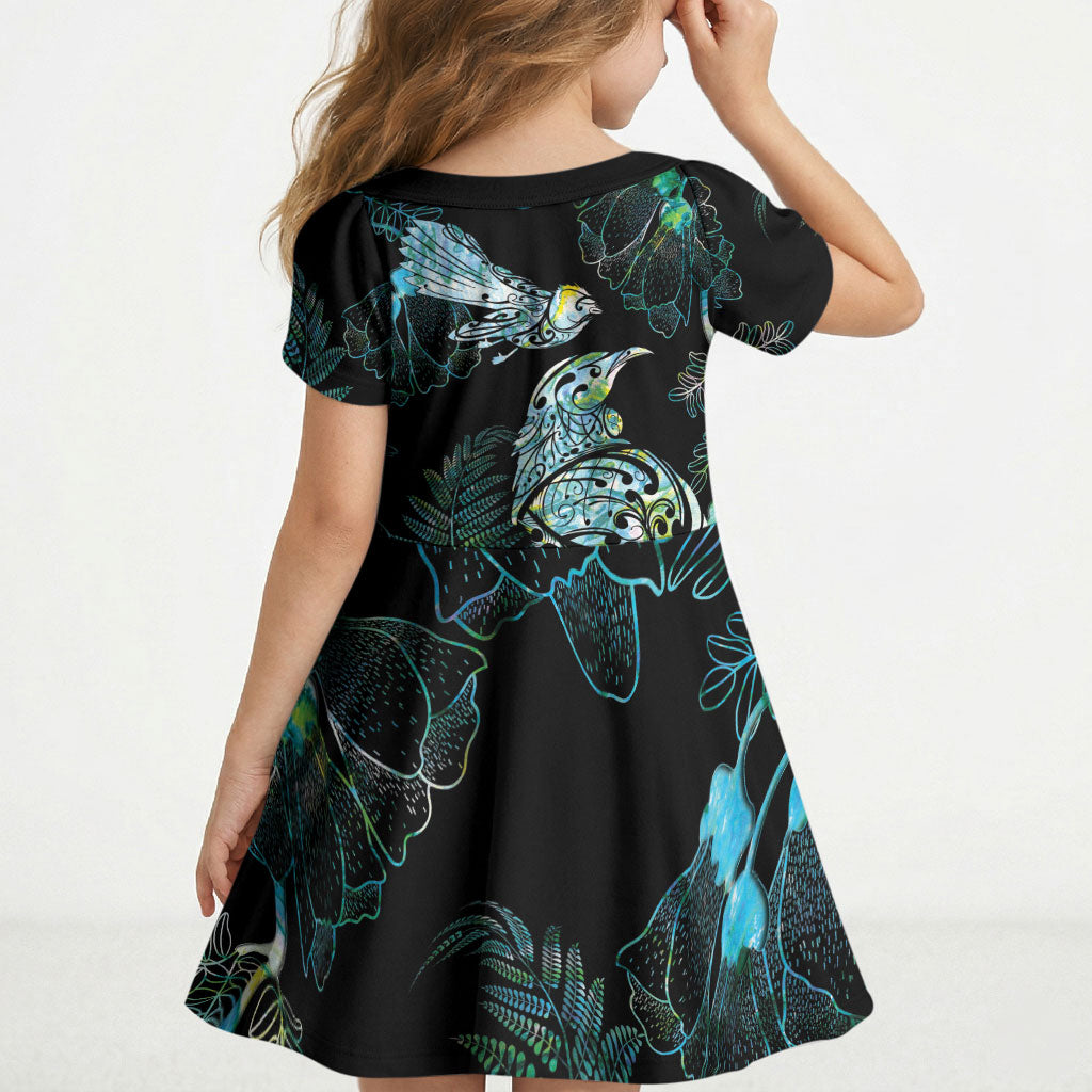 Aotearoa Maori Mahuru Kid Short Sleeve Dress Spring Time - Paua Shell Green