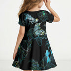Aotearoa Maori Mahuru Kid Short Sleeve Dress Spring Time - Paua Shell Green