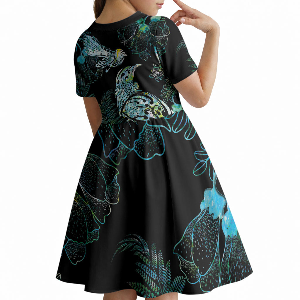 Aotearoa Maori Mahuru Kid Short Sleeve Dress Spring Time - Paua Shell Green
