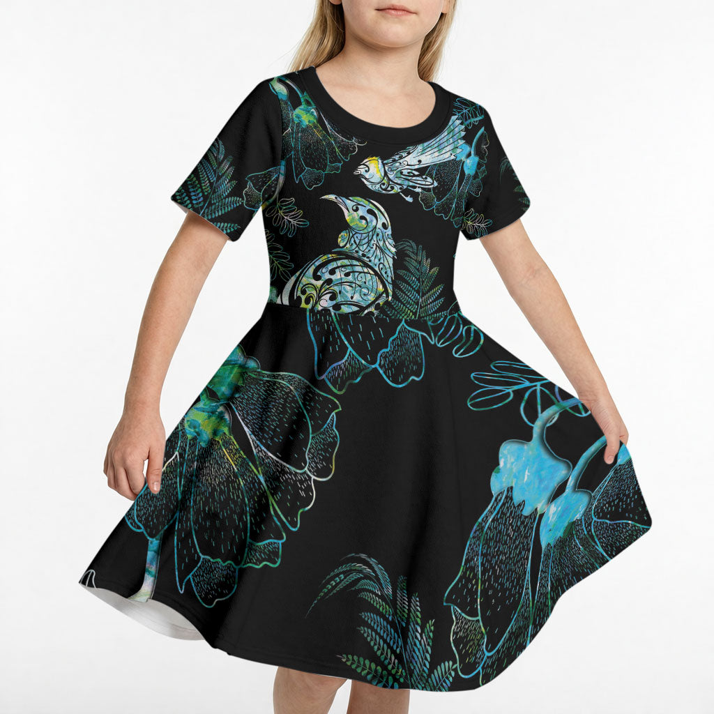 Aotearoa Maori Mahuru Kid Short Sleeve Dress Spring Time - Paua Shell Green