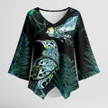 Aotearoa Maori Mahuru Kimono Sleeve Blouse Spring Time - Paua Shell Green