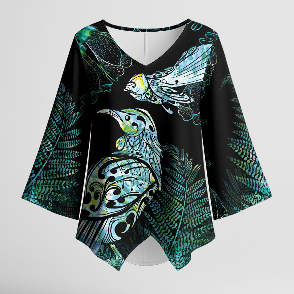 Aotearoa Maori Mahuru Kimono Sleeve Blouse Spring Time - Paua Shell Green