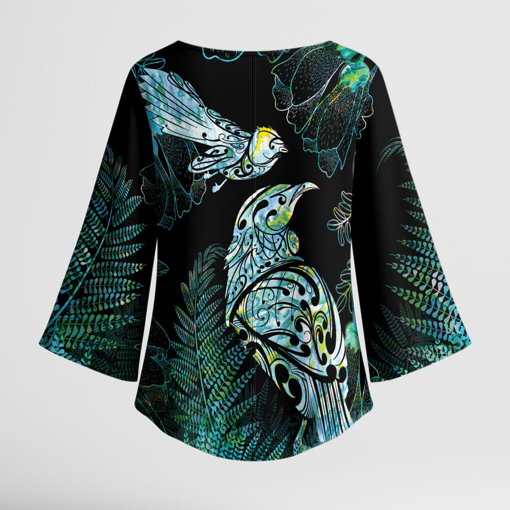 Aotearoa Maori Mahuru Kimono Sleeve Blouse Spring Time - Paua Shell Green