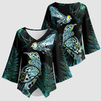 Aotearoa Maori Mahuru Kimono Sleeve Blouse Spring Time - Paua Shell Green