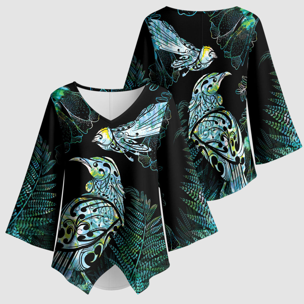 Aotearoa Maori Mahuru Kimono Sleeve Blouse Spring Time - Paua Shell Green