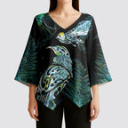 Aotearoa Maori Mahuru Kimono Sleeve Blouse Spring Time - Paua Shell Green