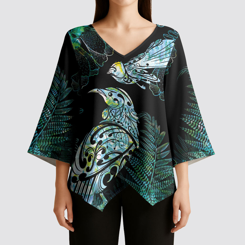 Aotearoa Maori Mahuru Kimono Sleeve Blouse Spring Time - Paua Shell Green