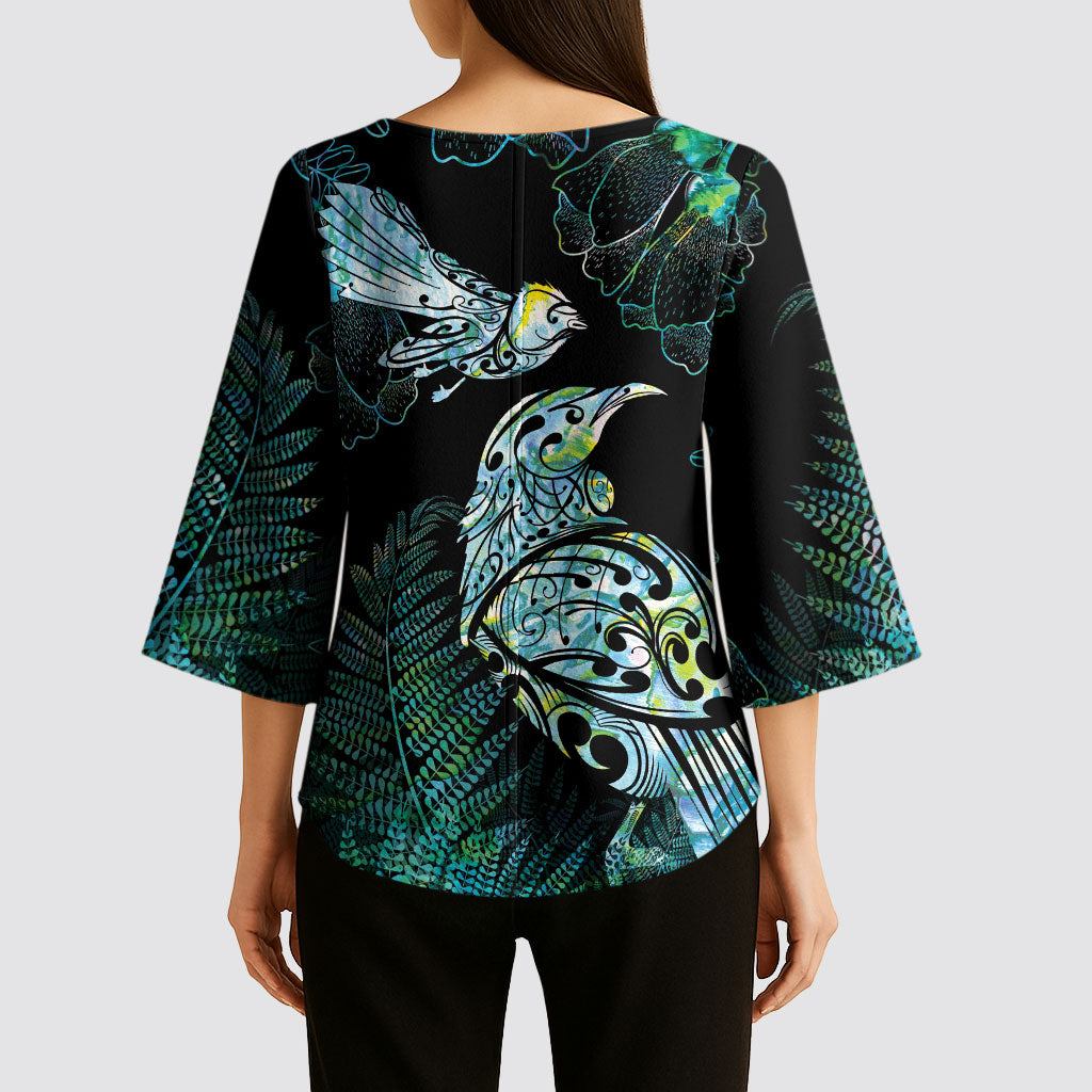 Aotearoa Maori Mahuru Kimono Sleeve Blouse Spring Time - Paua Shell Green