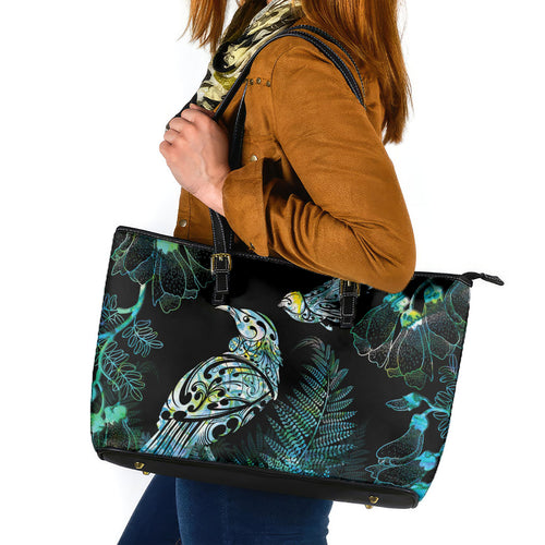 Aotearoa Maori Mahuru Leather Tote Bag Spring Time - Paua Shell Green