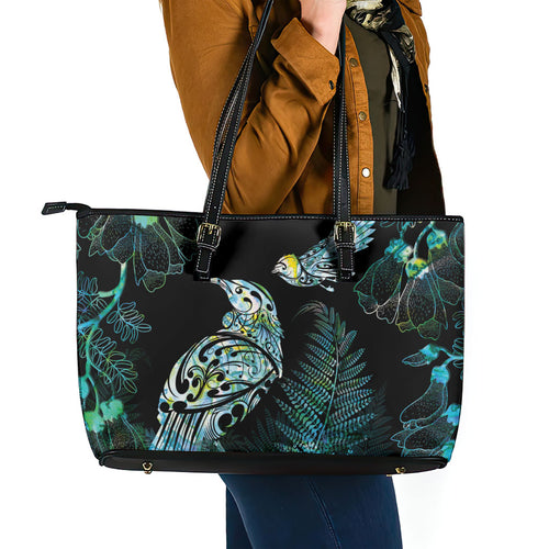Aotearoa Maori Mahuru Leather Tote Bag Spring Time - Paua Shell Green