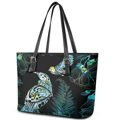 Aotearoa Maori Mahuru Leather Tote Bag Spring Time - Paua Shell Green