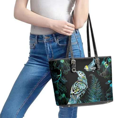Aotearoa Maori Mahuru Leather Tote Bag Spring Time - Paua Shell Green