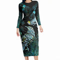 Aotearoa Maori Mahuru Long Sleeve Bodycon Dress Spring Time - Paua Shell Green