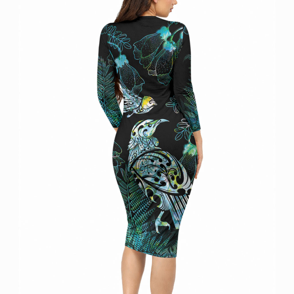 Aotearoa Maori Mahuru Long Sleeve Bodycon Dress Spring Time - Paua Shell Green
