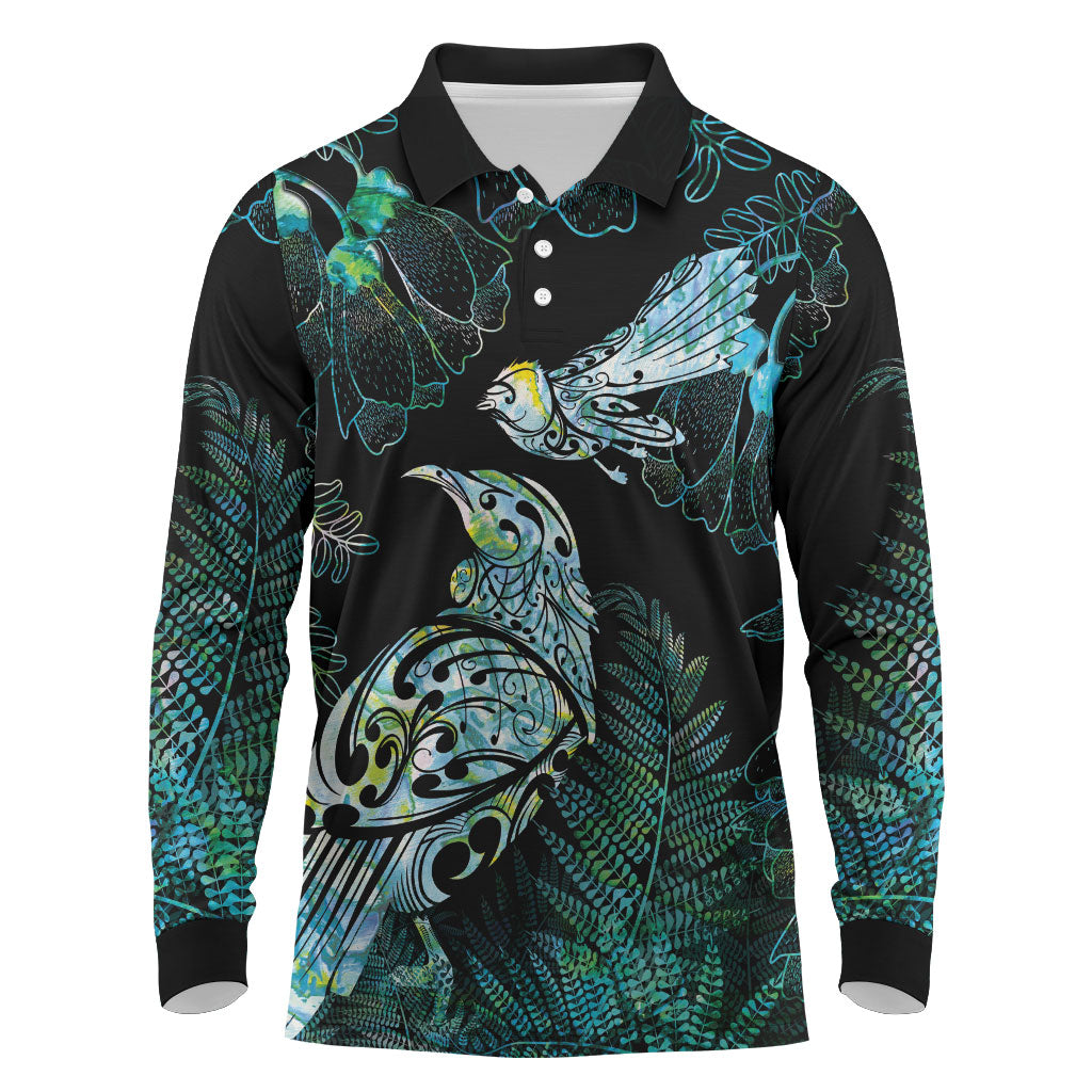 Aotearoa Maori Mahuru Long Sleeve Polo Shirt Spring Time - Paua Shell Green